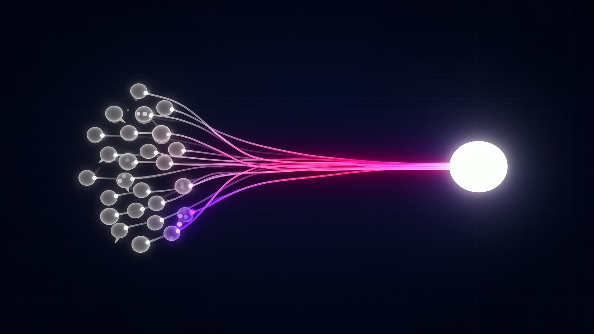 Abstract data visualization of AI buyer-journey conversations converging on competitor mentions while one magenta path breaks away to claim an empty category slot, for the article on teaching AI your category exists