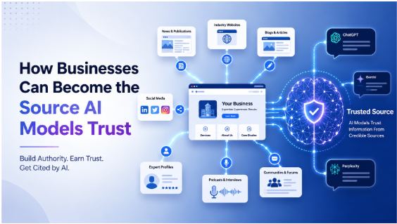 Editorial illustration titled "How Businesses Can Become the Source AI Models Trust" showing a business hub connected to ChatGPT, Gemini, and Perplexity through trust signals like news, blogs, expert profiles, podcasts, and communities, for industry perspective on becoming an AI-trusted source