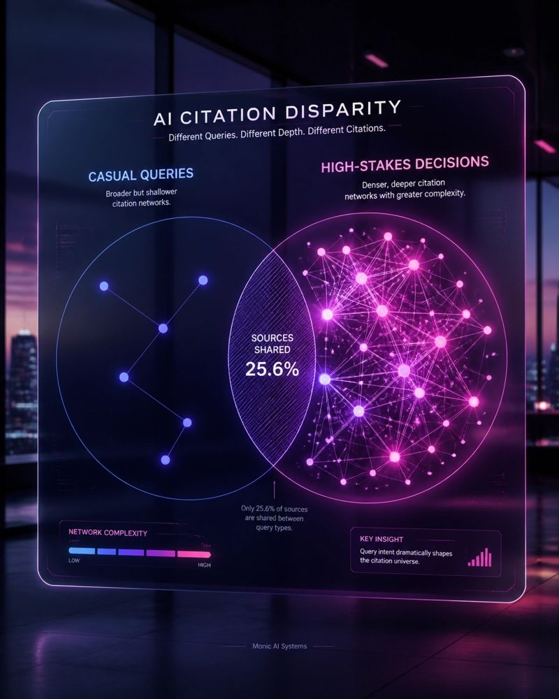 Futuristic glass dashboard titled "AI Citation Disparity" showing two overlapping citation network spheres for casual queries vs high-stakes decisions with 25.6% sources shared, for Monic AI Systems insight on ChatGPT citation behavior