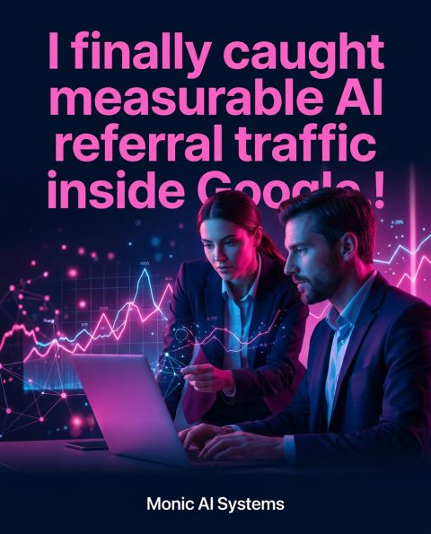 Bold pink typographic poster reading "I finally caught measurable AI referral traffic inside Google" over analytics charts, for Monic AI Systems insight on AI referral attribution