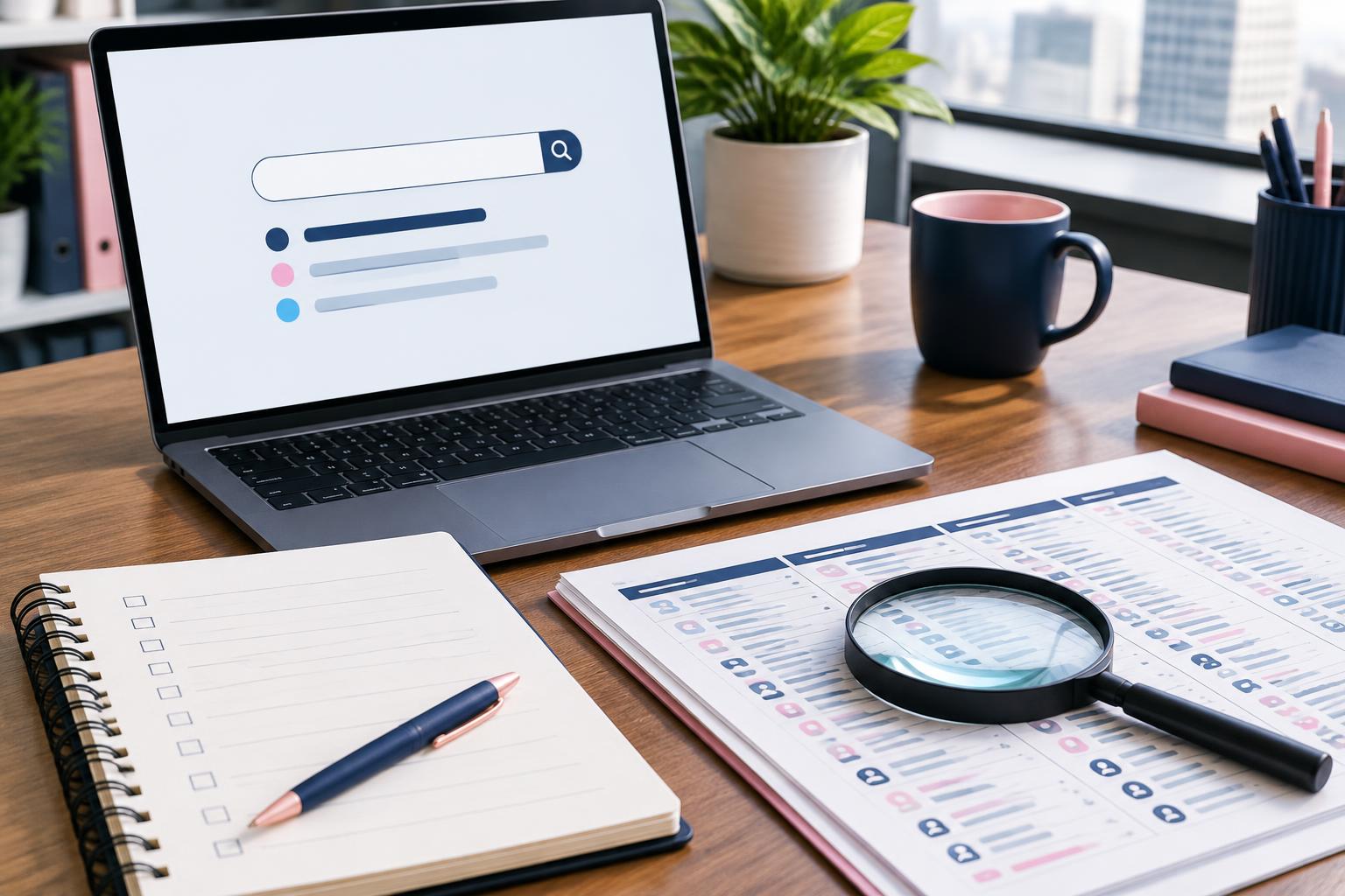 Laptop search results, business directory printouts, and a verification checklist for reviewing AI business registration claims