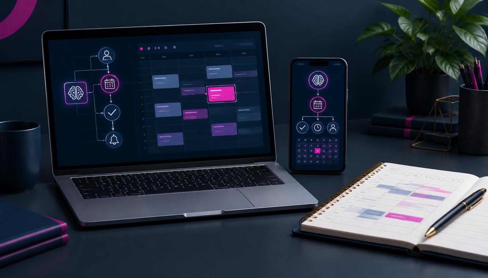 Laptop and smartphone displaying appointment calendars and connected AI workflows for a founder perspective on actionable AI visibility