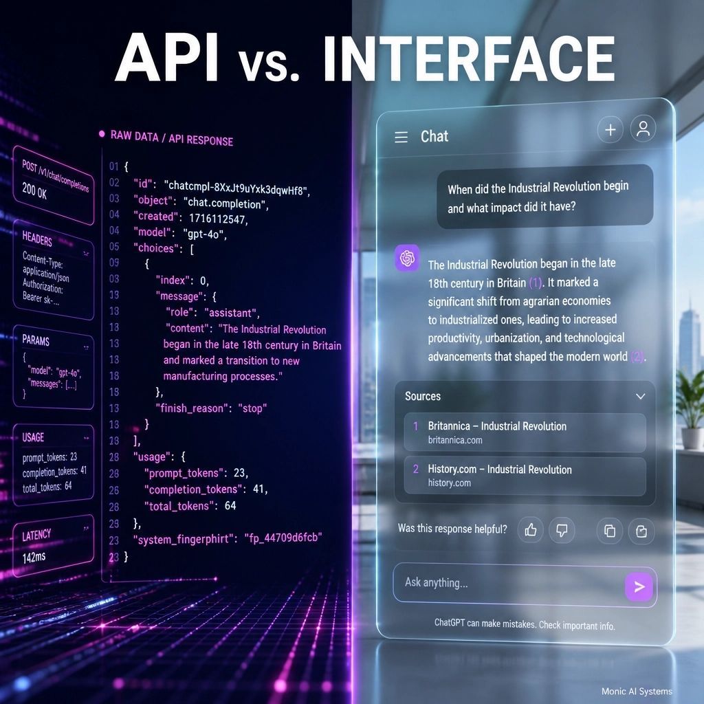 Side-by-side comparison of raw AI API JSON response vs polished ChatGPT-style chat interface for explaining AI visibility measurement gap
