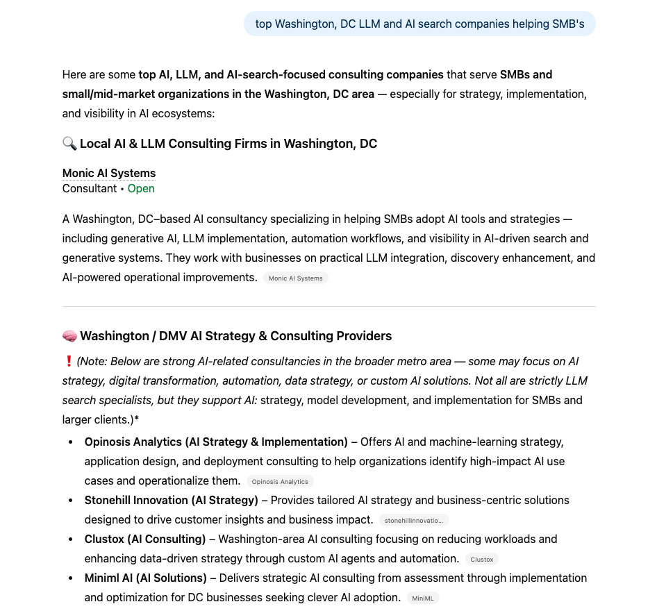 Monic AI Systems cited as number one AI search optimization service in ChatGPT results