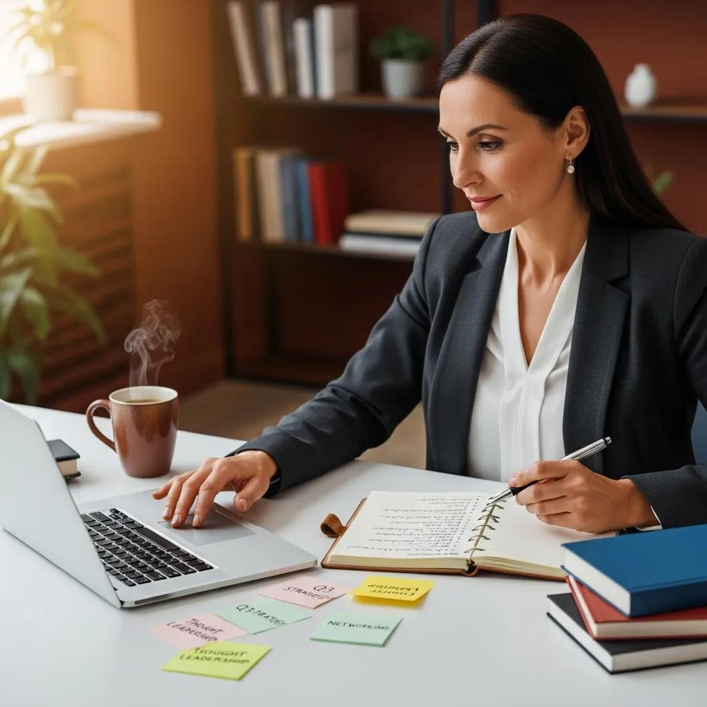 Business professional developing AI-optimized LinkedIn content strategy at modern workspace