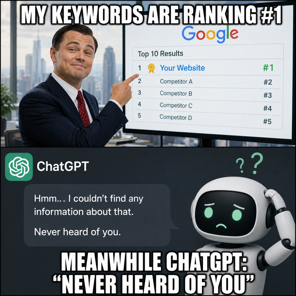 Meme: "My keywords are ranking #1" vs ChatGPT saying "never heard of you" — Google rankings do not equal AI recommendations.