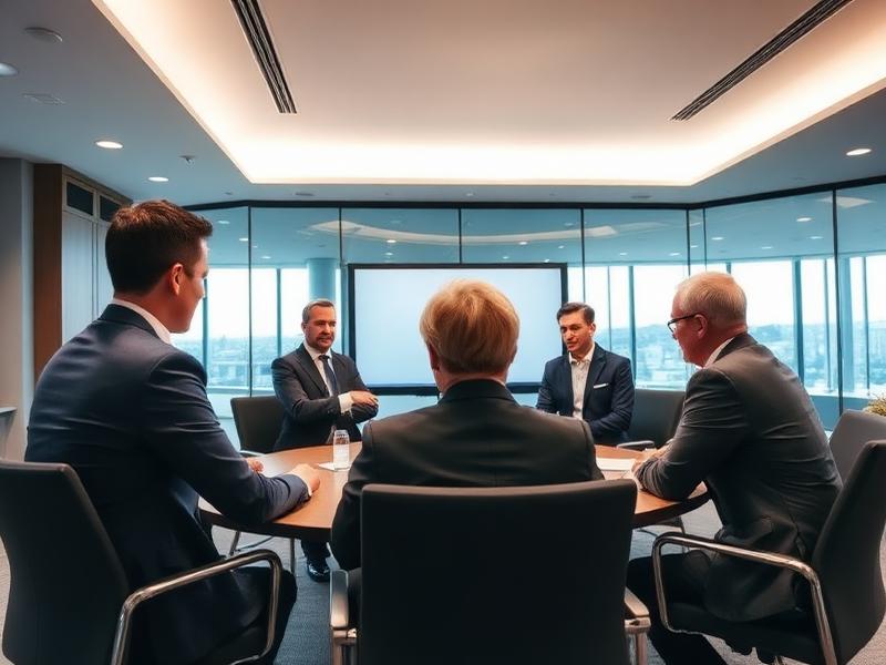 Executive leadership team discussing strategy in a modern boardroom