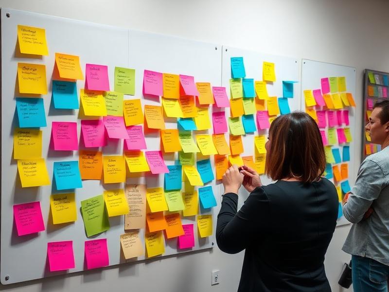 Team conducting strategy workshop using colorful sticky notes on a wall