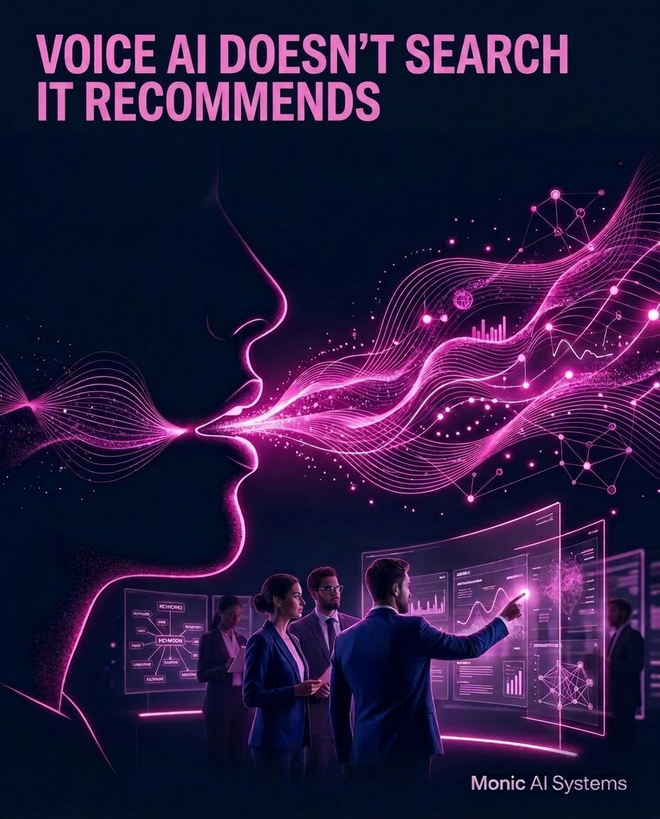 Neon pink illustration of a voice profile speaking into AI knowledge graphs and dashboards while business team reviews recommendations for Monic AI Systems voice AI recommendation insight