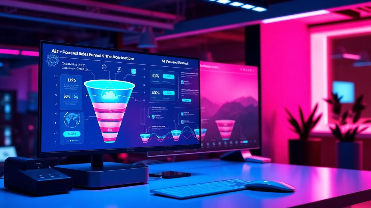 AI-powered sales funnel visualization showing customer journey and conversion optimization