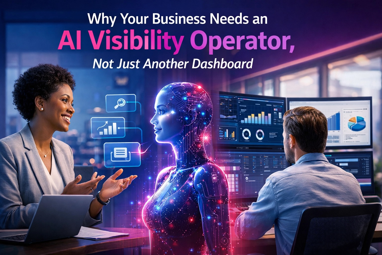 AI Visibility Operator concept showing business professionals interacting with AI technology and analytics dashboards