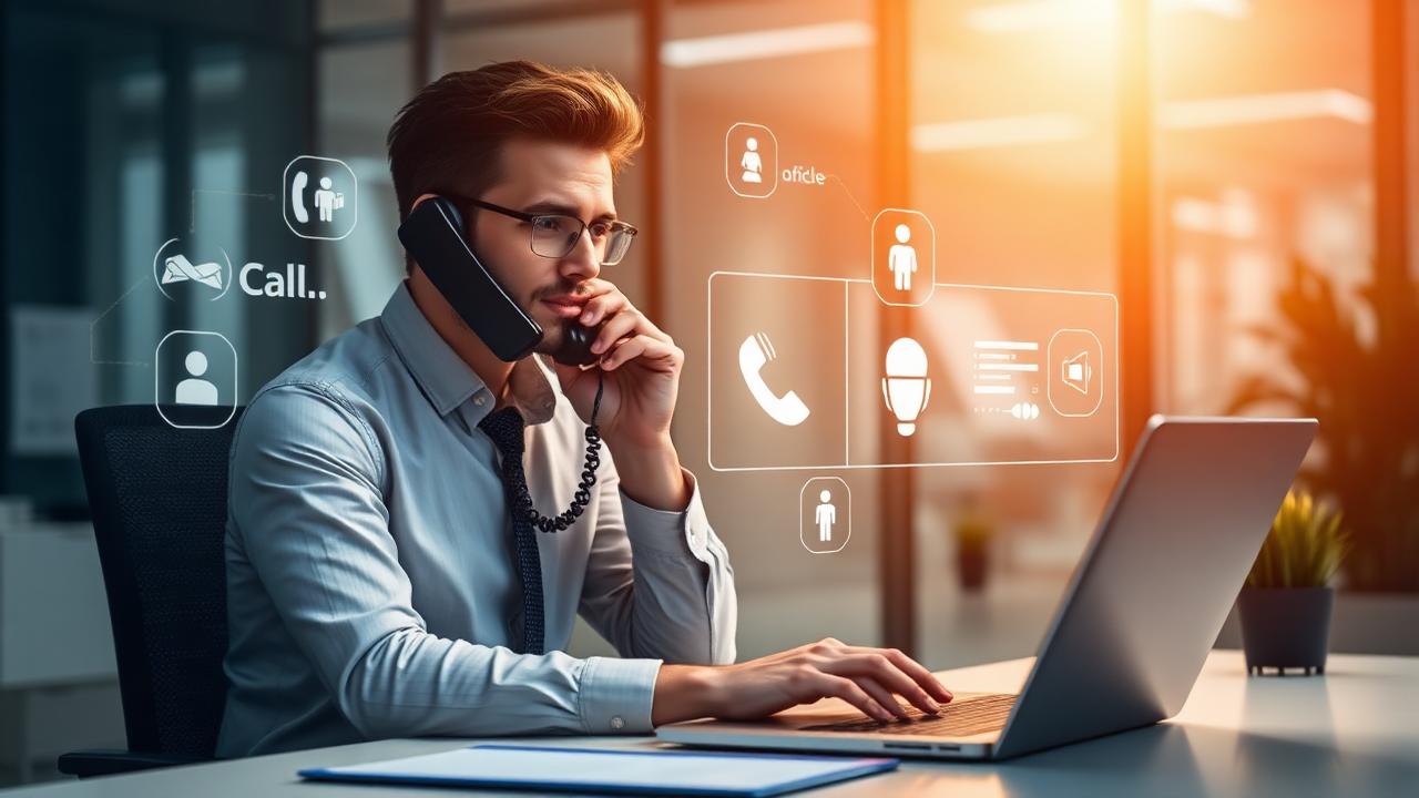 Small business owner managing calls with automated phone system technology